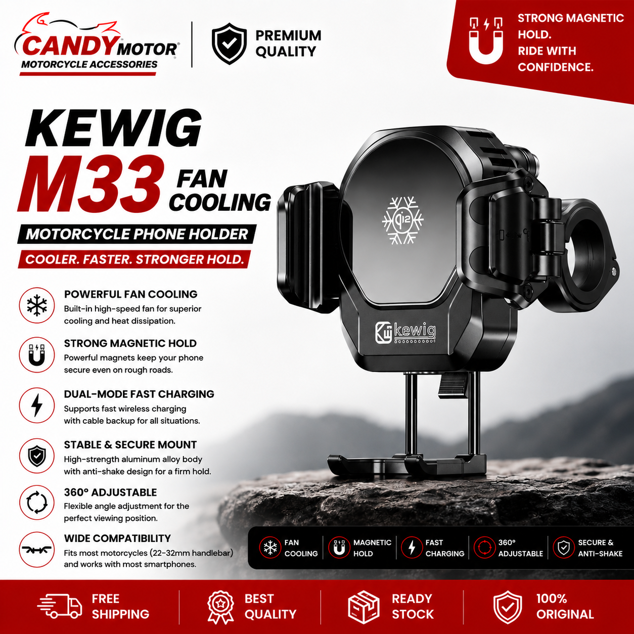 KEWIG M33 A1 Pro Fan Cooling Motorcycle Phone Holder