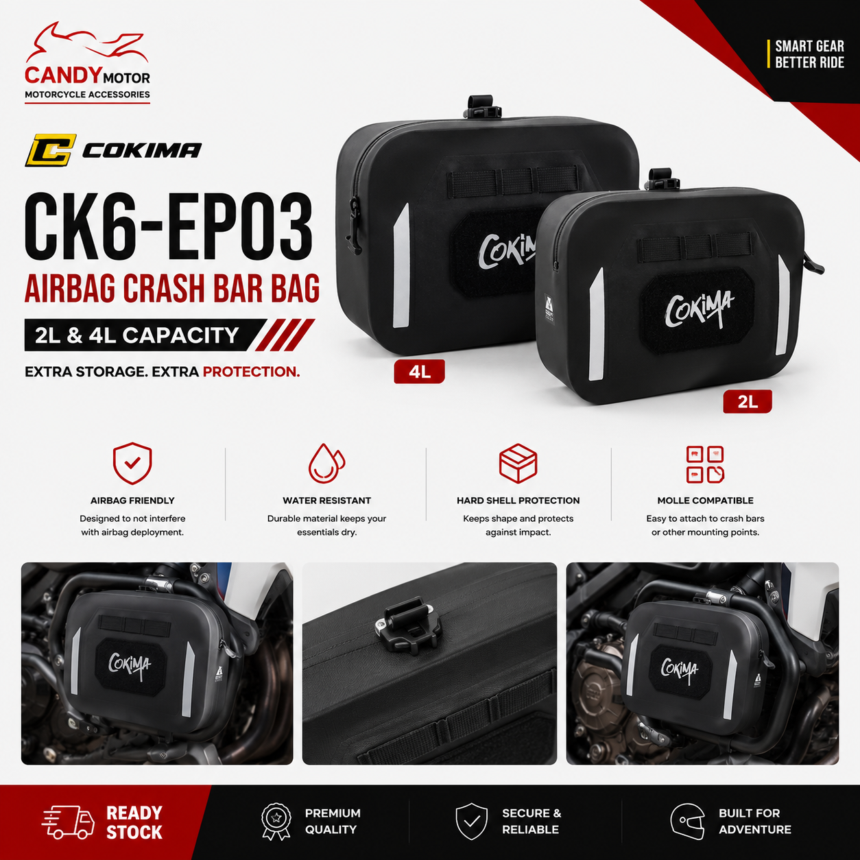 COKIMA CK6-EPO3 Airbag Crash Bar Bag 2L & 4L Motorcycle Air-Tight Crash Bar Bag