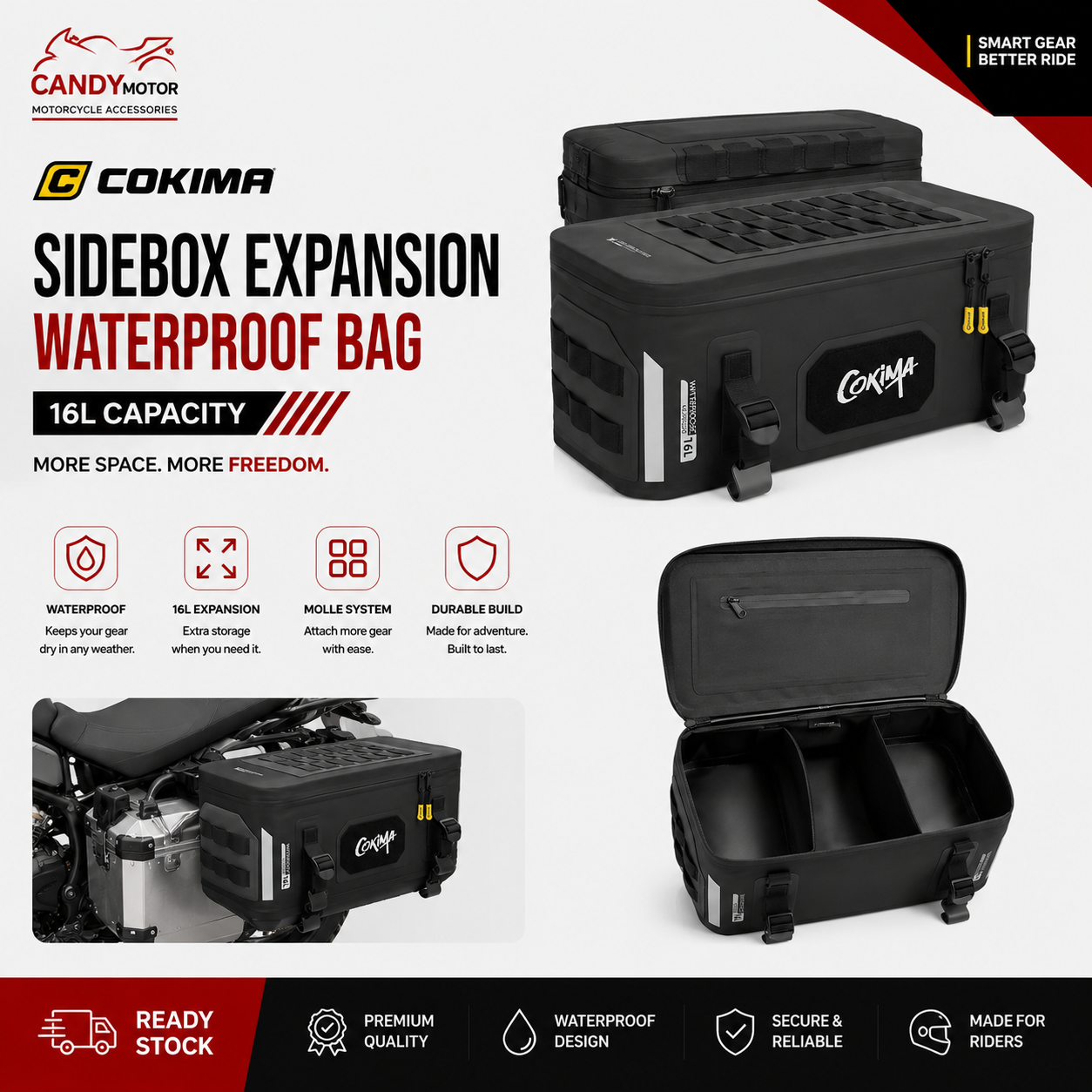 COKIMA Sidebox Expansion Waterproof Bag-16L Moto Pannier Lid Bags