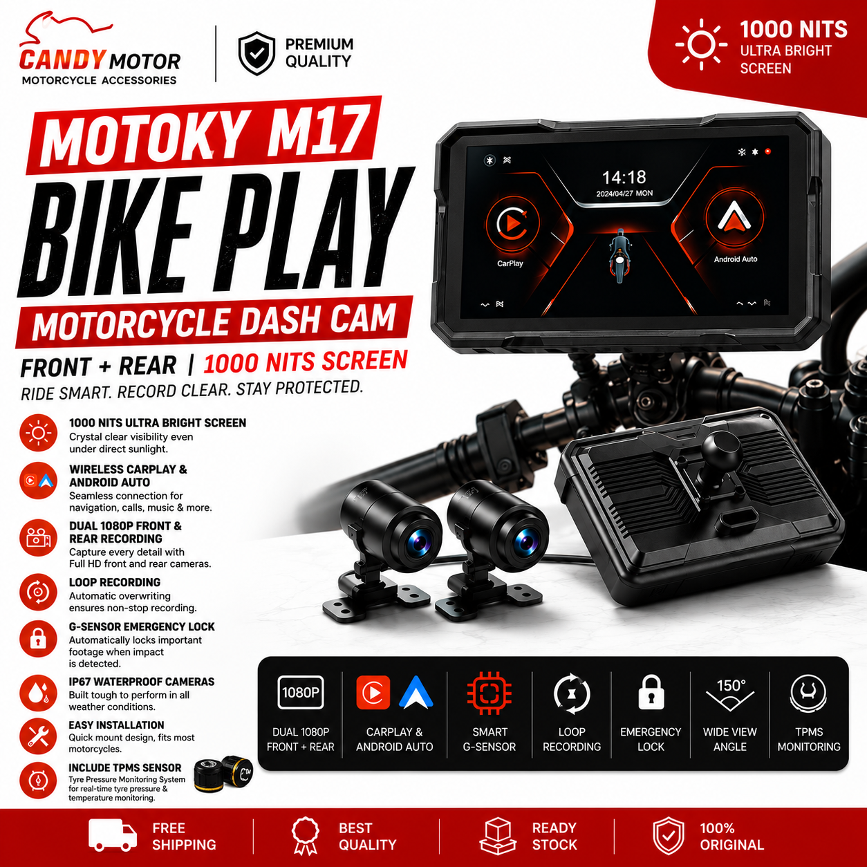 M17 Bike Play Motorcycle Dash Cam (Front + Rear) With 1000 Nits Screen