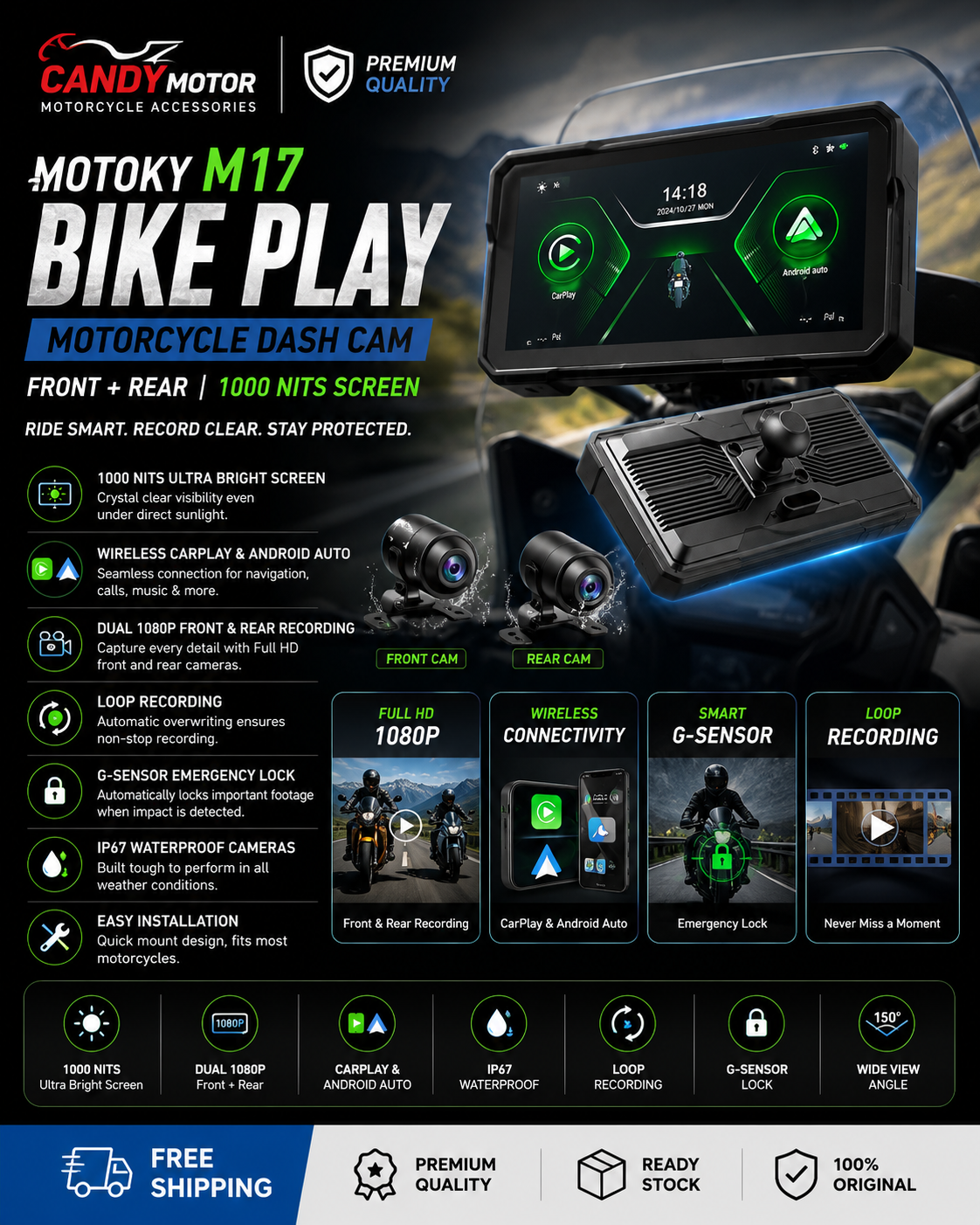 M17 Bike Play Motorcycle Dash Cam (Front + Rear) With 1000 Nits Screen