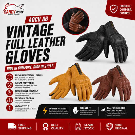 AOCU A6 Vintage Full Leather Riding Gloves