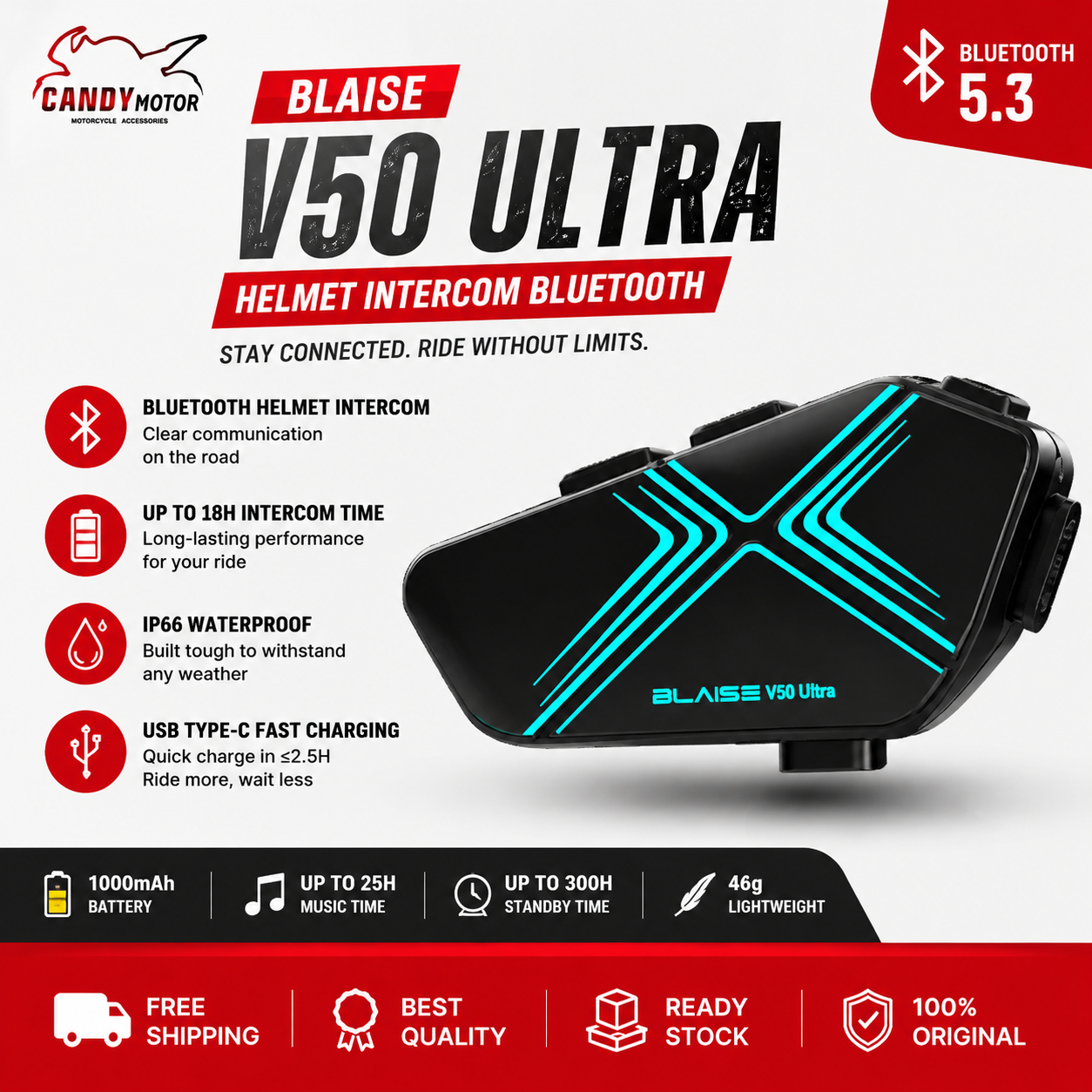 BLAISE V50 Ultra Motorcycle Helmet Intercom Bluetooth