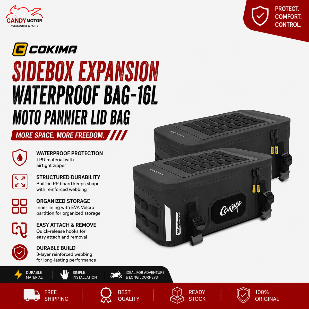 COKIMA Sidebox Expansion Waterproof Bag-16L Moto Pannier Lid Bags