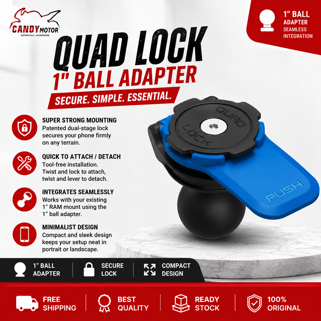 Quad Lock 1" Ball Adapter