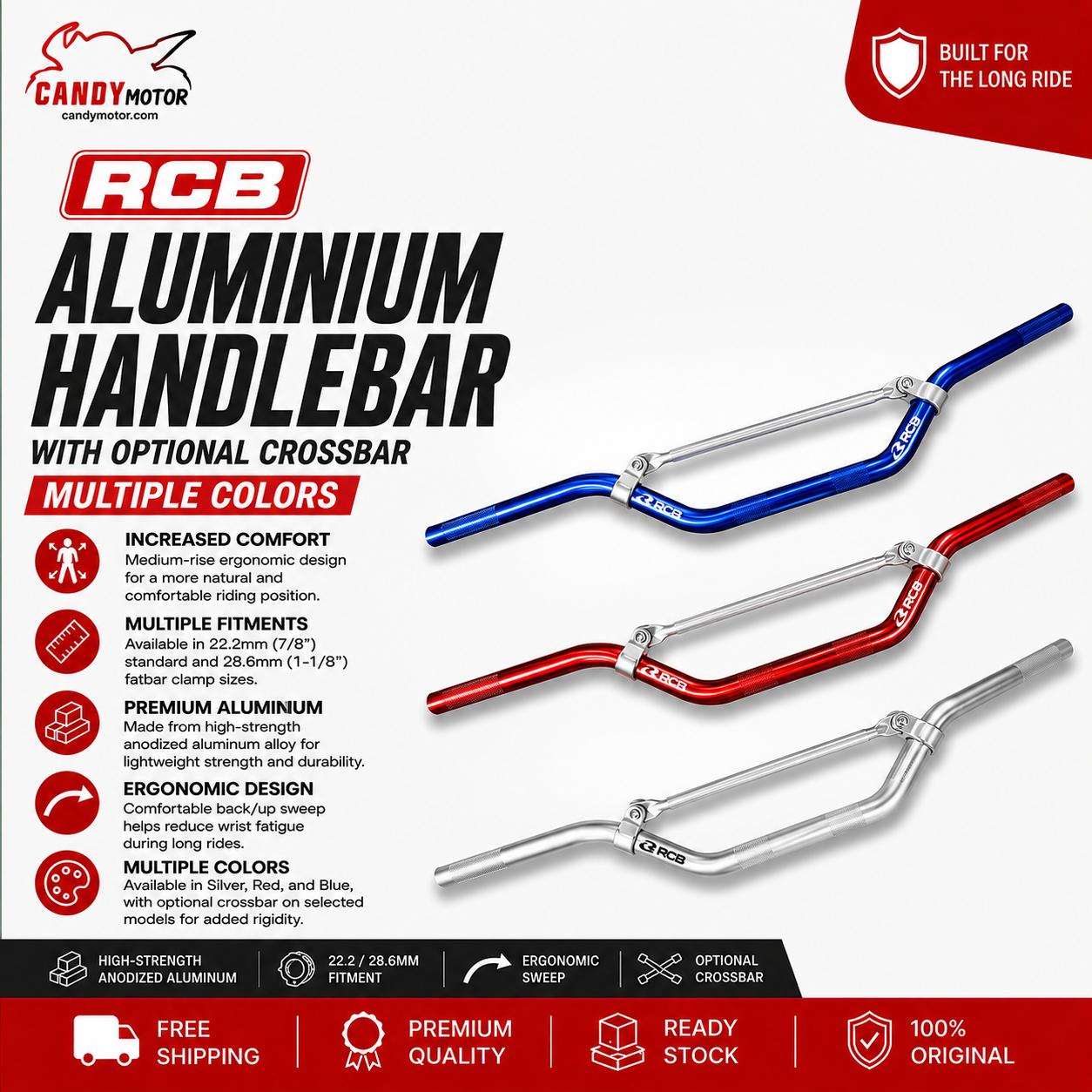 RCB Aluminum Handlebar with Optional Crossbar Multiple Colors