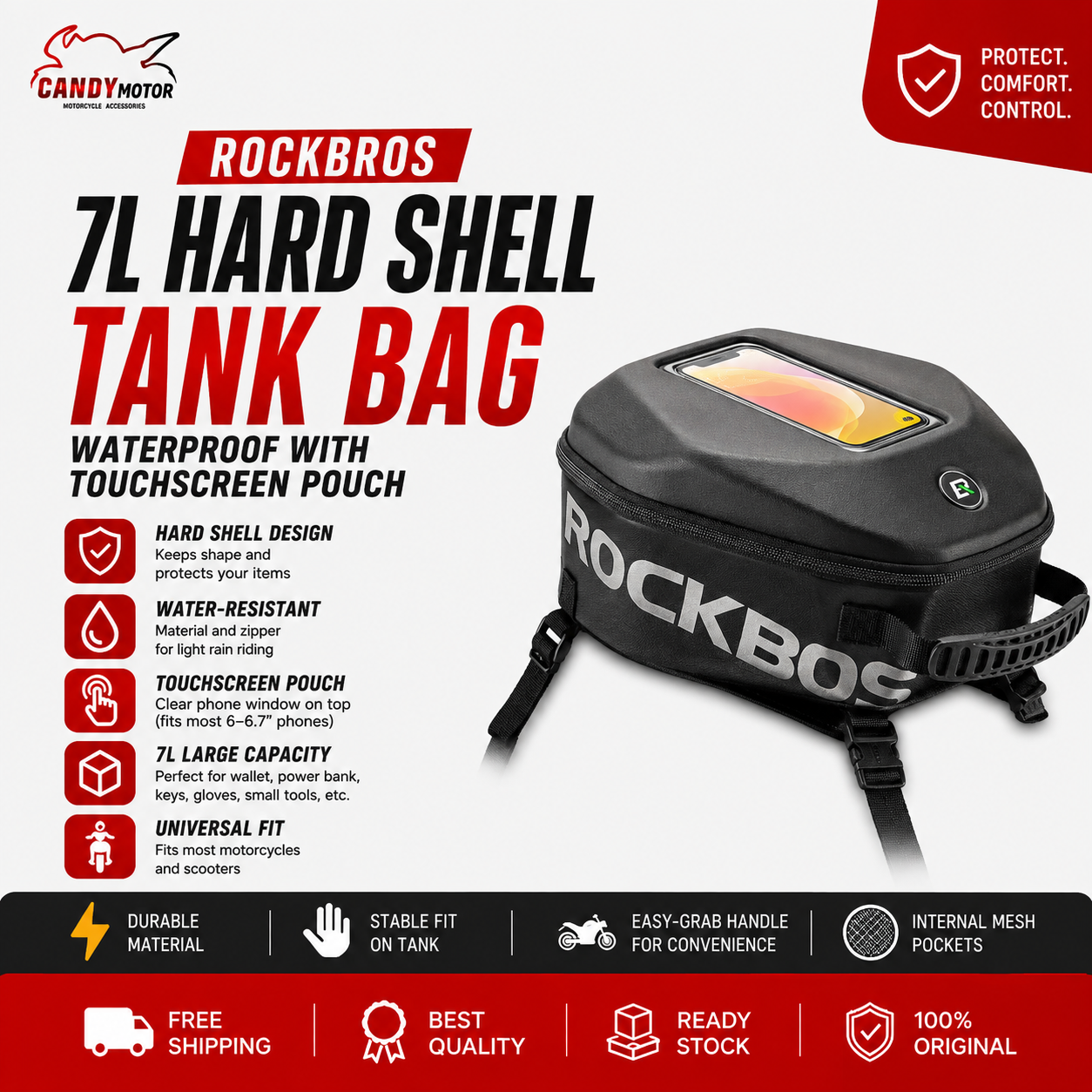 ROCKBROS 7L Hard Shell Motorcycle Tank Bag Waterproof with Touchscreen Phone Pouch