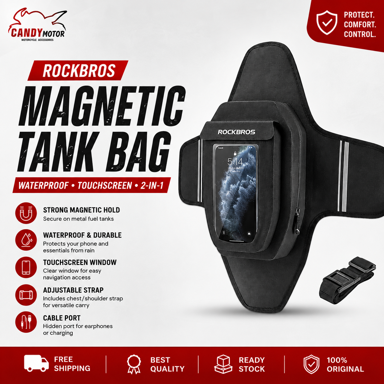 ROCKBROS Magnetic Motorcycle Tank Bag Waterproof Touchscreen Phone Pouch Chest Shoulder Bag