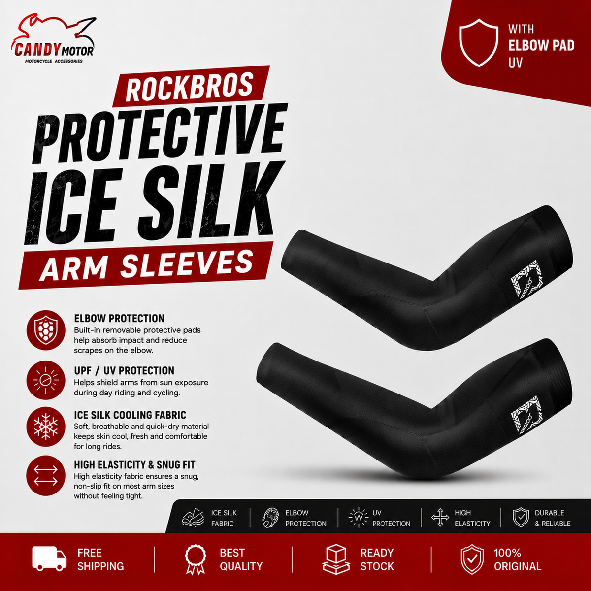 ROCKBROS Protective Ice Silk Arm Sleeves With Elbow Pad UV Protection Cuff