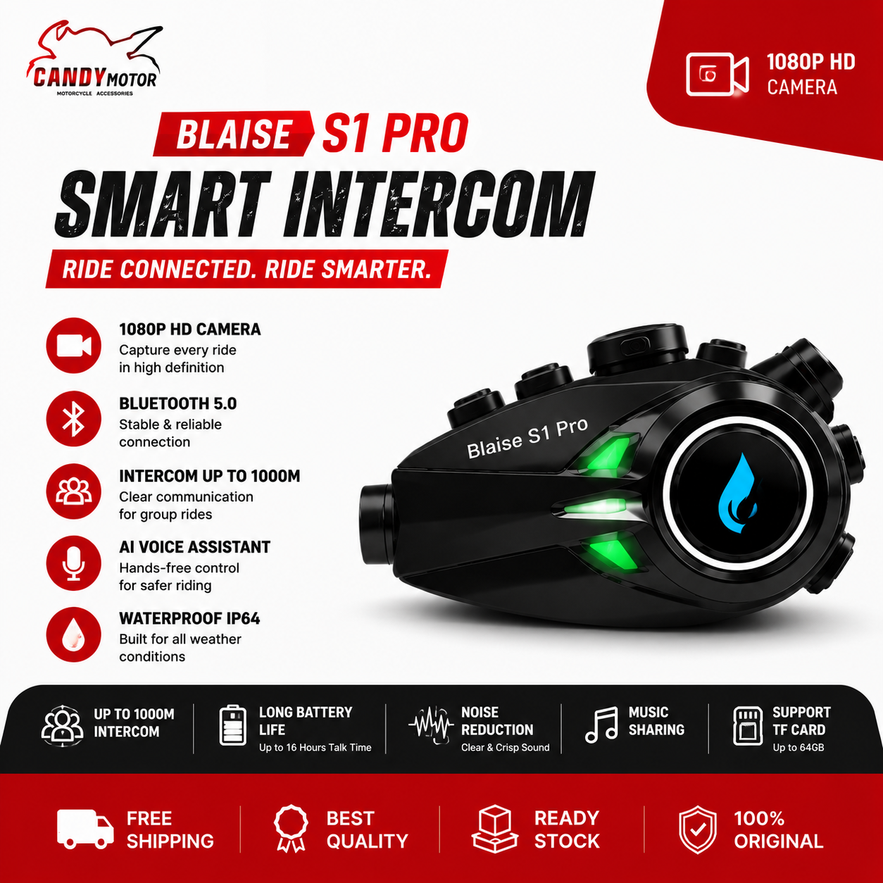BLAISE S1 Pro Helmet Intercom with Camera